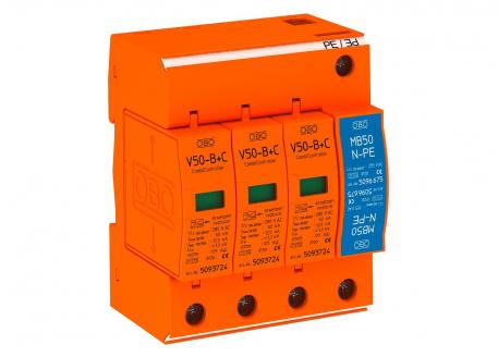 Descarregador de corrente de raio e sobretensões, 3 polos + NPE