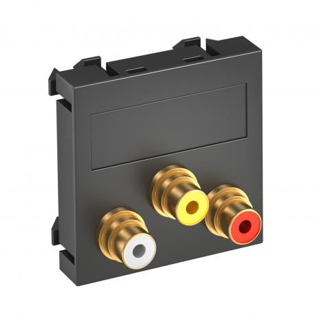 Suporte RCA áudio/vídeo, 1 módulo, saída plana, com união 1:1, cinzento antracite reta |  | RCA | cinzento escuro; RAL 7021